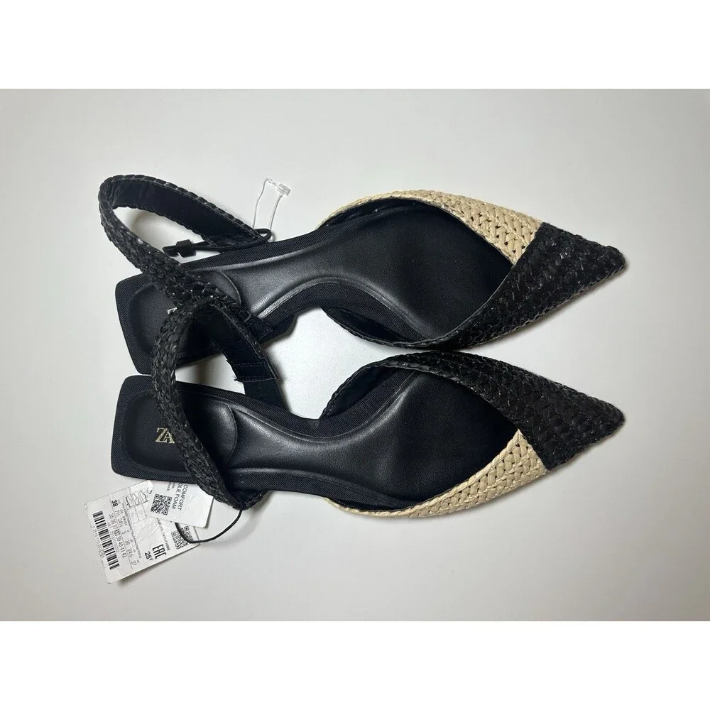ZARA‎ Woven Rafia Pointed Toe Black Tan Slingback Flat Sandal Women US 7.5 NEW - Picture 6 of 12